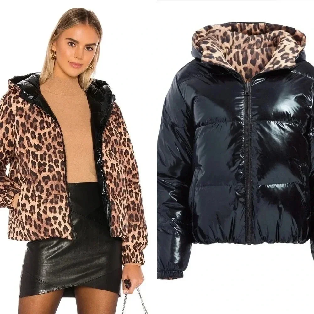 Alice + Olivia Durham black leopard print reversible puffer jacket size small